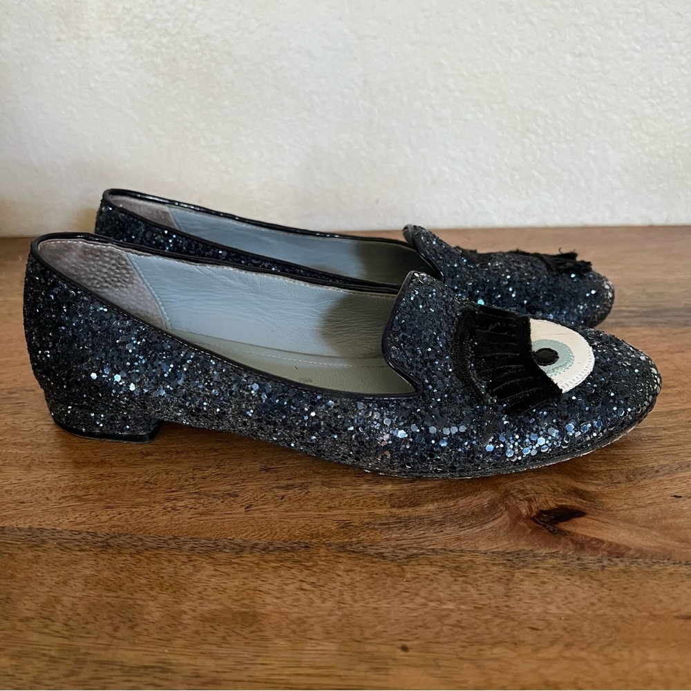 Chiara Ferragni Black Glitter Eyelash Slip-On Flats - Picture 2 of 10